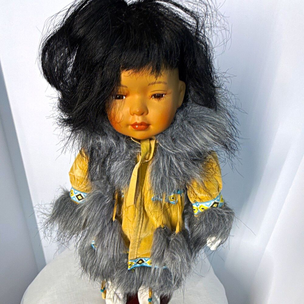 Vintage Native Alaskan Eskimo Porcelain Doll 16" - Faux Fur Trimmed Parka